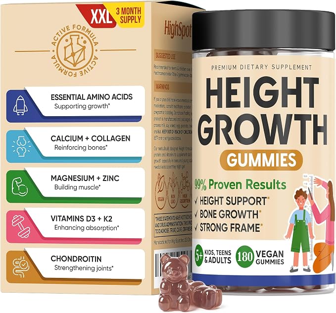 Height Growth Increase Vitamin Gummies, Calcium, Magnesium, Zinc, Ashwagandha, Glucosamine Grow Tall Supplement, Multivitamin for Kids, Teens, Adults