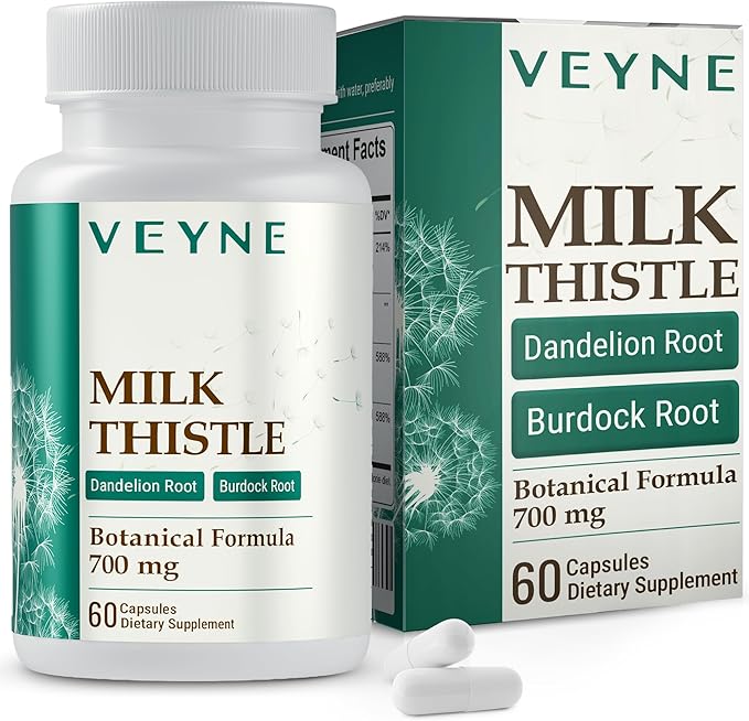 VEYNE Milk Thistle Supplement 80% Silymarin (240mg Active) with Dandelion Root Extract 10:1 & Burdock Root 20:1 – Liver Support Supplement for Daily Wellness – 60 Capsules (30 Day Supply)