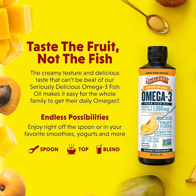 Barlean's Omega 3 Fish Oil Liquid Supplement with Vitamin D for Men and Women, 1080mg of EPA and DHA Fatty Acid, Promotes Brain & Heart Health - Non-GMO, Mango Peach, 8 oz