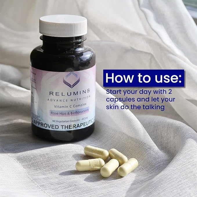 Relumins Advanced White Set - 1650mg Glutathione Complex (90 Capsules) and Advanced Vitamin C with Rose HIPS and Bioflavonoids (60 Capsules) Bundle, 1 Month Supply