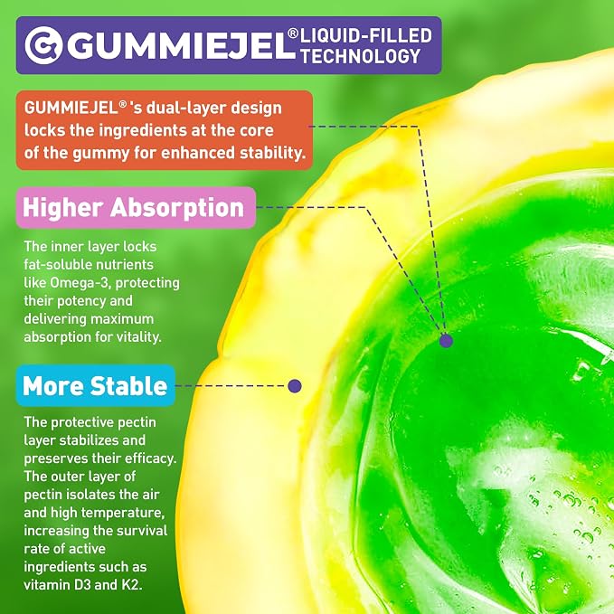 Kids Omega-3 Gummies for 4+, Algae Oil DHA & EPA with Vitamin D3 K2, Choline & PS, Vegan Fish Oil Supplements for Brain, Bone, Cognitive & Immune Health, No Fish Taste, SugarFree, Lemon Flavor, 120Cts