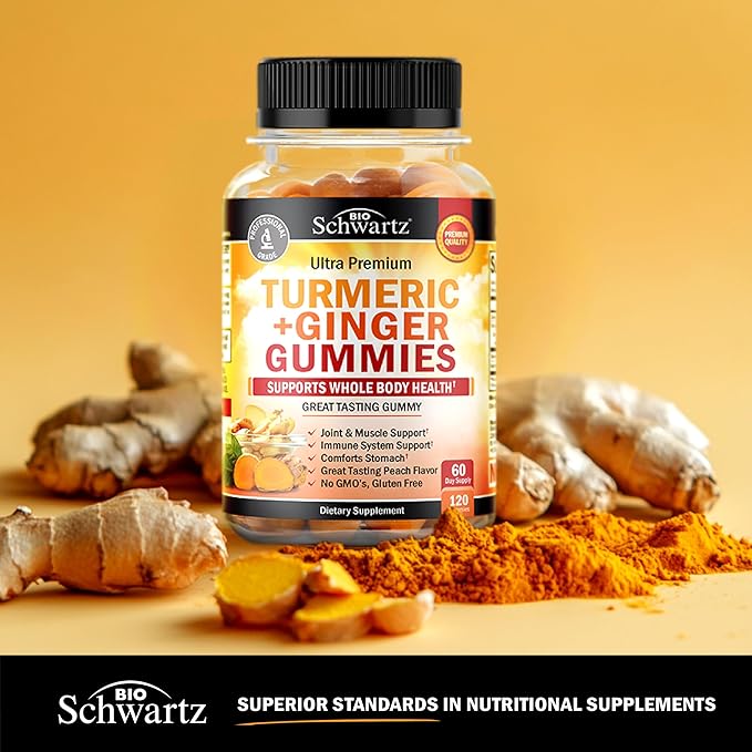 Turmeric Curcumin with Ginger Gummies - Natural Extra Strength Joint Support Supplement, Delicious Peach Flavor Ultra High Absorption Turmeric Supplement Non-GMO, Gluten Free 120 Count