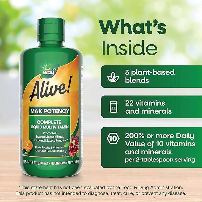 Nature’s Way Alive! Max Potency Complete Liquid Multivitamin, Liquid Vitamin Promotes Energy Metabolism, Heart & Muscle Function* with Vitamins A, B, C, D, Multivitamins for Women & Men, 30.4 Fl Oz