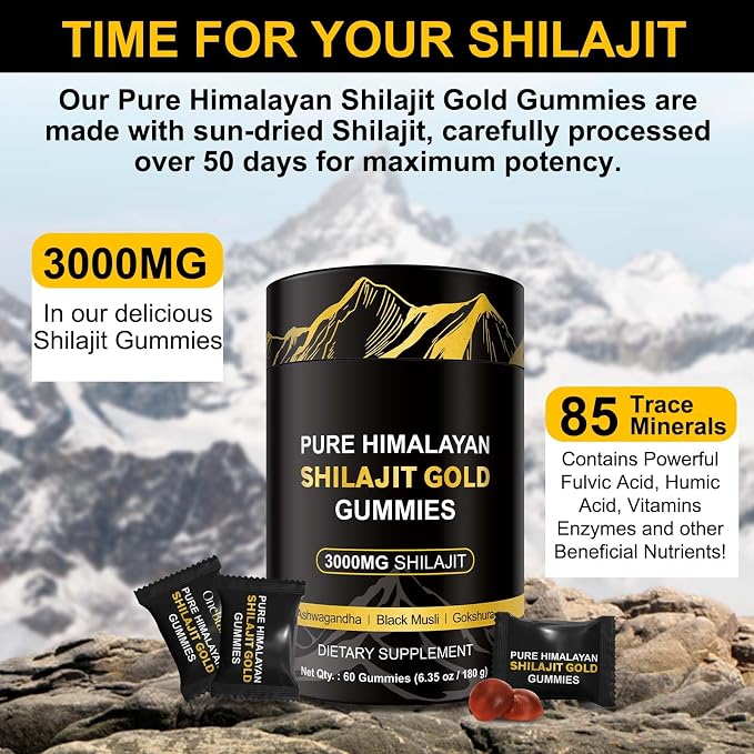 Shilajit Gummies, 3000mg Himalayan Shilajit Gold Gummies with Ashwagandha,Black Musli, Gokshura for Men & Women, Non-GMO & Gelatin Free, 60-Count