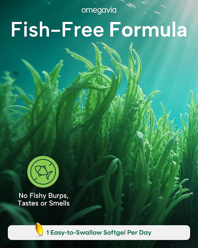OmegaVia Vegan Omega 3 Supplement, Algae Omega 3 Fish Oil Alternative, 300mg Vegan DHA Fatty Acids, Plant Based, Planet and Ocean Friendly, IAOS 5 Star Tested, 60 Softgels