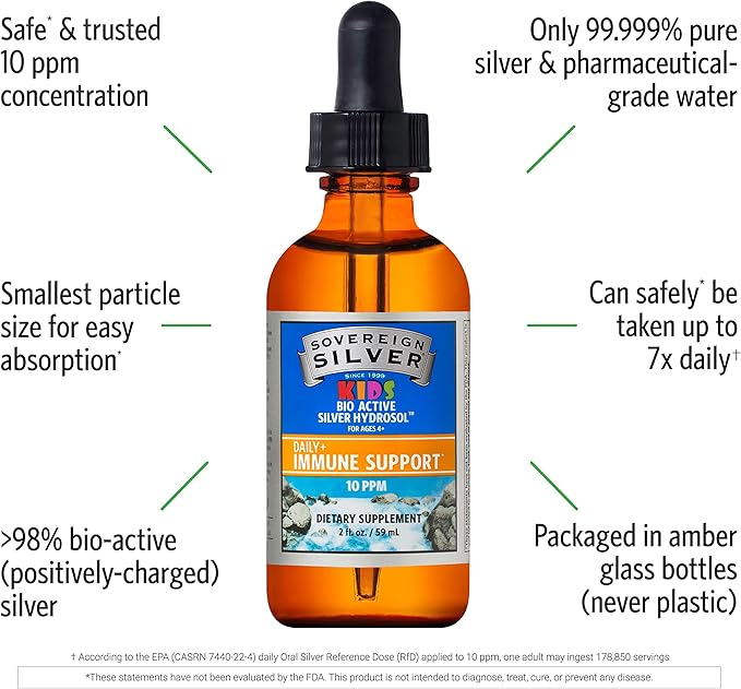 Sovereign Silver Kids Immune Support - Colloidal Silver, Bio-Active Silver Hydrosol, 10 ppm, Liquid Dropper, 2 Fl Oz, (59 mL)