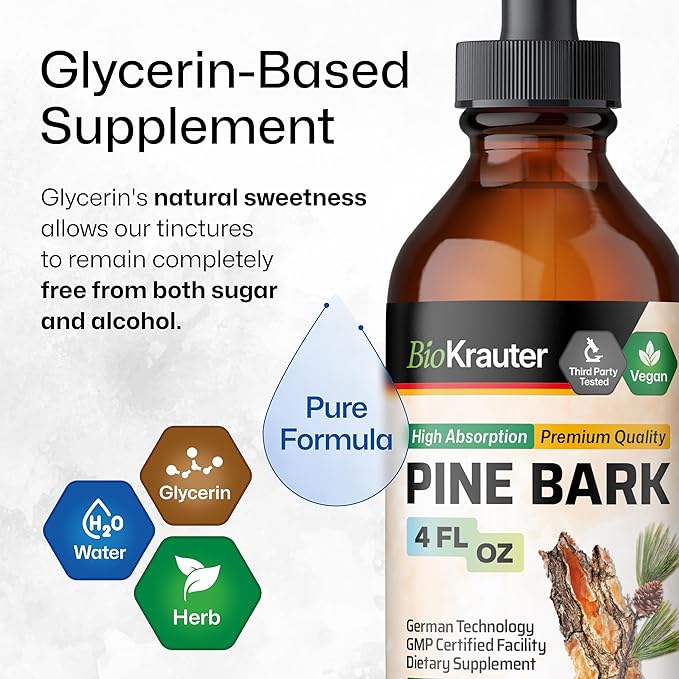 BIO KRAUTER® Pine Bark Extract for Circulatory & Antioxidant Support - Vegan French Maritime Pine Bark Herbal Supplements - Natural Antioxidants & Skin Support - 400 mg per Serving, 4 Fl. Oz.