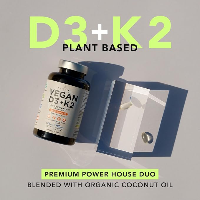 AMANDEAN Vitamin D3 K2. Vegan & Plant-Based 5000iu VIT D from Algae. All-Trans MK-7 K2Vital. 120 Softgels. Carrageenan Free. Organic Coconut Oil Blend. for Mood, Bones, Heart, Immune Health.