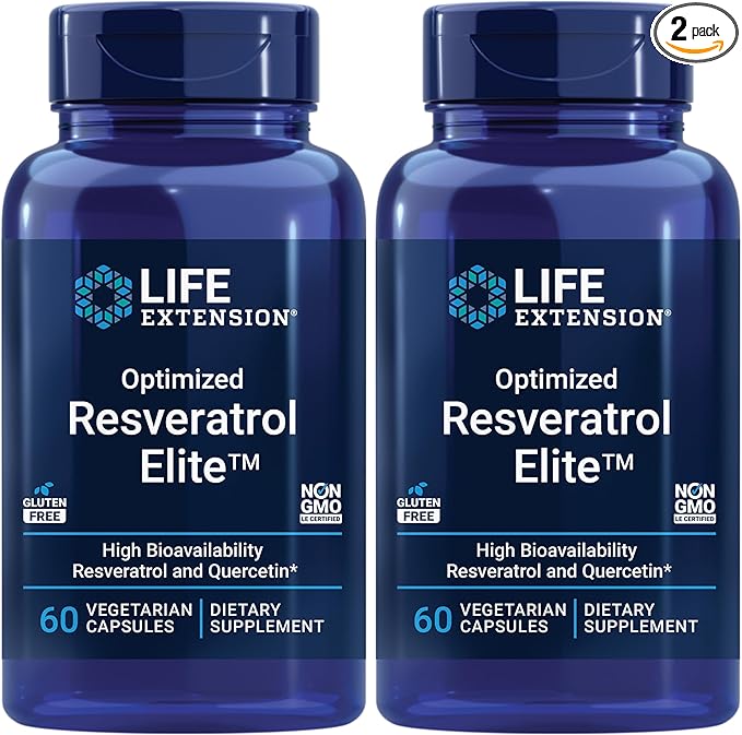 Life Extension Optimized Resveratrol Elite, Trans-resveratrol, quercetin, Healthy Aging, Heart Health, Brain Health, oxidative Stress, Gluten-Free, Non-GMO, Vegetarian, 60 Capsules, (Pack of 2)