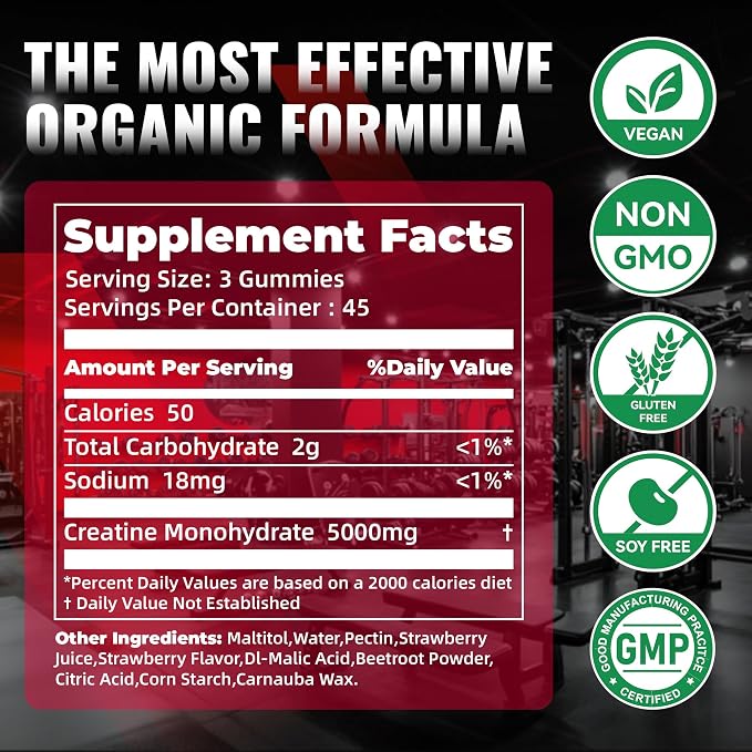 NSF Certified Creatine Gummy - Creatine Monohydrate Gummies for Men & Women-5g of Creatine Monohydrate per Serving - Sugar Free,Vegan, Strawberry Electrolyte Chews, 135 Count