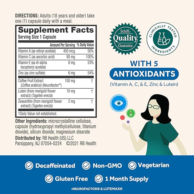 NEURIVA Brain + Eye Supplement for Memory, Focus & Concentration with Lutein & Vitamins A C E and Zinc for Eye Health & Zeaxanthin to Filter Blue Light, 30ct Capsules, (Pack of 2)