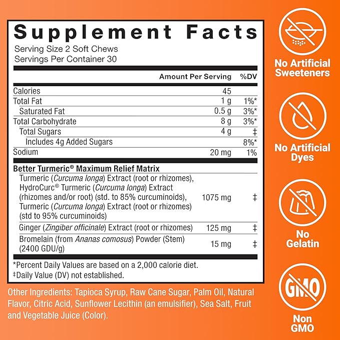Force Factor Better Turmeric Maximum Joint Support, 1075mg Curcumin with Ginger to Support Mobility, Flexibility & Comfort, More Convenient Than Turmeric Gummies, Fruit Punch, 180 Soft Chews, 3-Pack