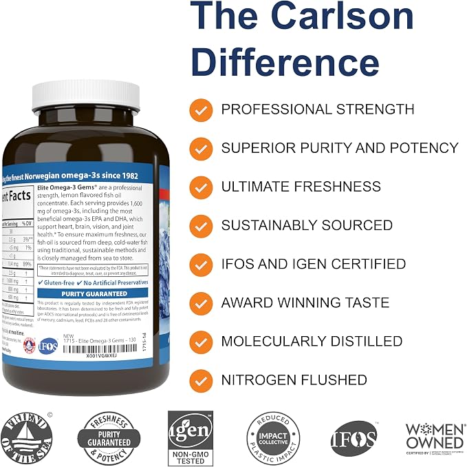 Carlson - Elite Omega-3 Gems, 1600 mg Omega-3 Fatty Acids Including EPA and DHA, Norwegian, Wild-Caught Fish Oil Supplement, Sustainably Sourced Omega 3 Fish Oil Capsules, Lemon, 130 Softgels