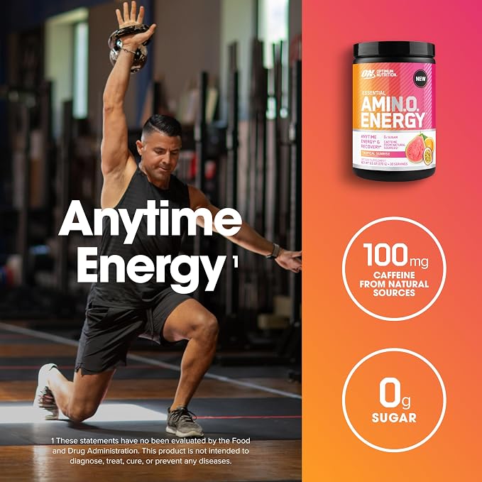 Optimum Nutrition Amino Energy - Pre Workout with Green Tea, BCAA, Amino Acids, Keto Friendly, Green Coffee Extract, Energy Powder - Tropical Sunrise, 9.5 Ounce, 30 Servings (Packaging May Vary)