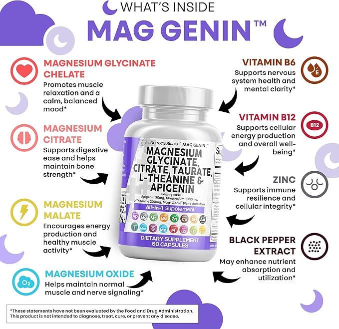 Clean Nutraceuticals Magnesium Glycinate Complex 1000mg with L-Theanine 200mg Apigenin 50mg Citrate Taurate Supplement (60 Count (Pack of 2))