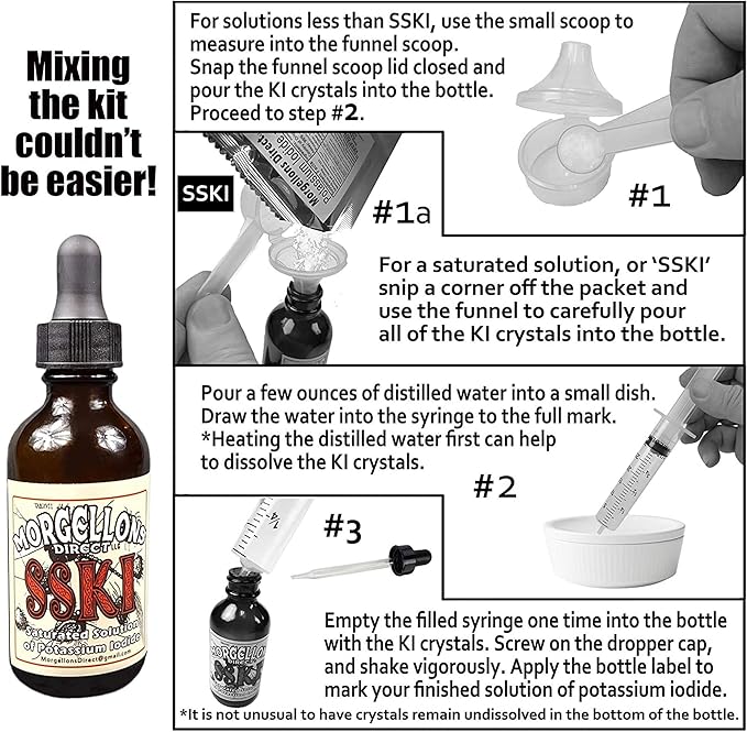 SSKI Iodine Potassium Iodide Solutions Mixing Kit Includes Necessary Tools and pre-Measured Dietary Supplement Potassium Iodide Crystals. Just add Distilled Water.