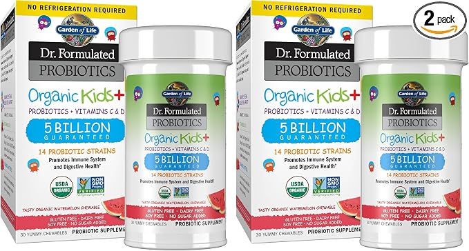 Garden of Life Dr. Formulated Probiotics Organic Kids+ Plus Vitamin C&D-Watermelon-Gluten,Dairy&Soy Free Immune-&Digestive Health Supplement,No Added Sugar,30 Chewables (Shelf Stable),(Pack of 2)