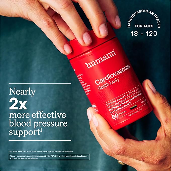 Humann Cardiovascular Health Daily, 4-in-1 Vascular & Blood Pressure Support, Grape Seed Extract Capsules & Hyaluronic Acid Circulation Supplements, Plant-Based Non-GMO, 60 Capsules