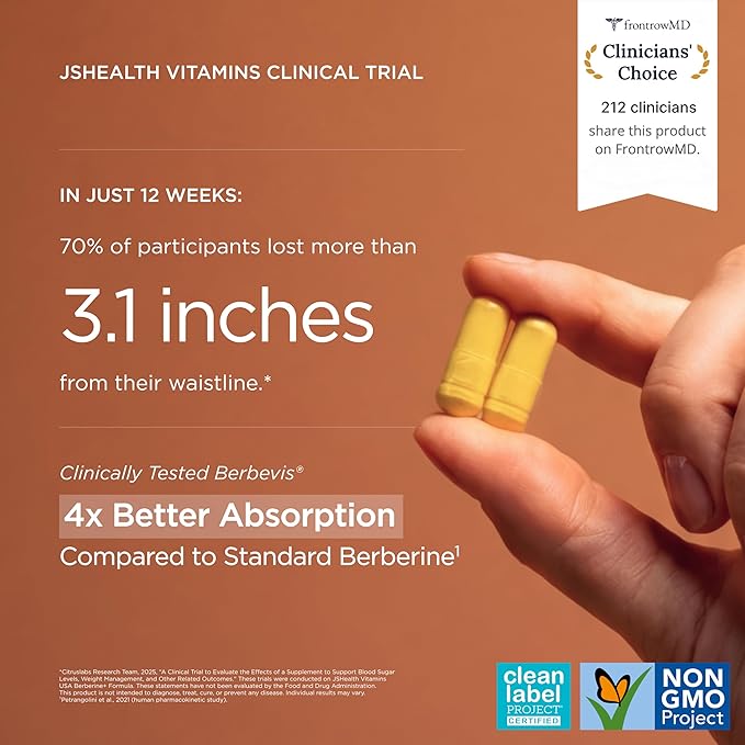 JSHealth Berberine Supplement with Berbevis for Metabolic Health Support. Higher Strength for Blood Sugar Already in the Normal Range and Body Composition. By Nutritionist Jessica Sepel (60 Capsules)