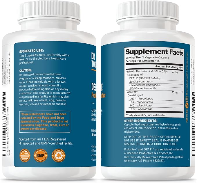 Dr. Tobias Deep Immune Probiotics & Prebiotics - Dual Action Digestion & Immune Support with PreforPro Prebiotics & Spore Forming Probiotics for Women & Men - 180 Capsules (90 Servings)
