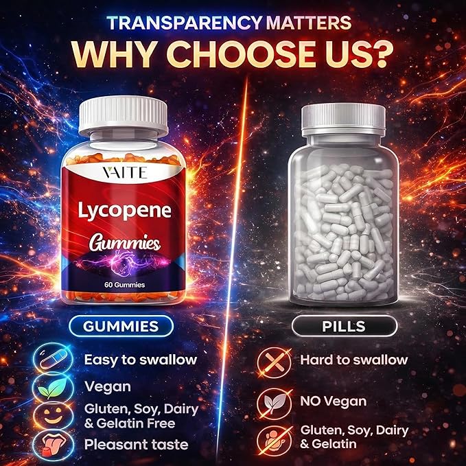 VAITE Lycopene Supplements for Men & Women 75mg Gummies - Antioxidant | General Wellness | Supports Skin & Vision | Daily Vitality | Plant-Based, Sugar-Free, 60 Vegan Gummy Chews, Non-GMO, Chewables