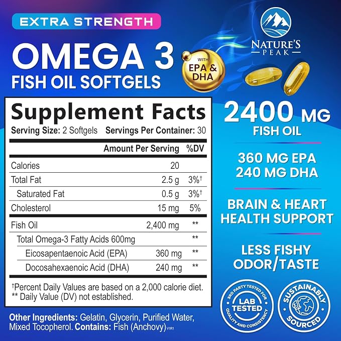 Omega 3 Fish Oil Supplements - 2400mg Fish Oil Per Serving - Triple Strength Omega-3 with Fatty Acids EPA & DHA - Natural Heart, Brain & Immune Support - Wild Caught, Bottled in USA - 60 Softgels