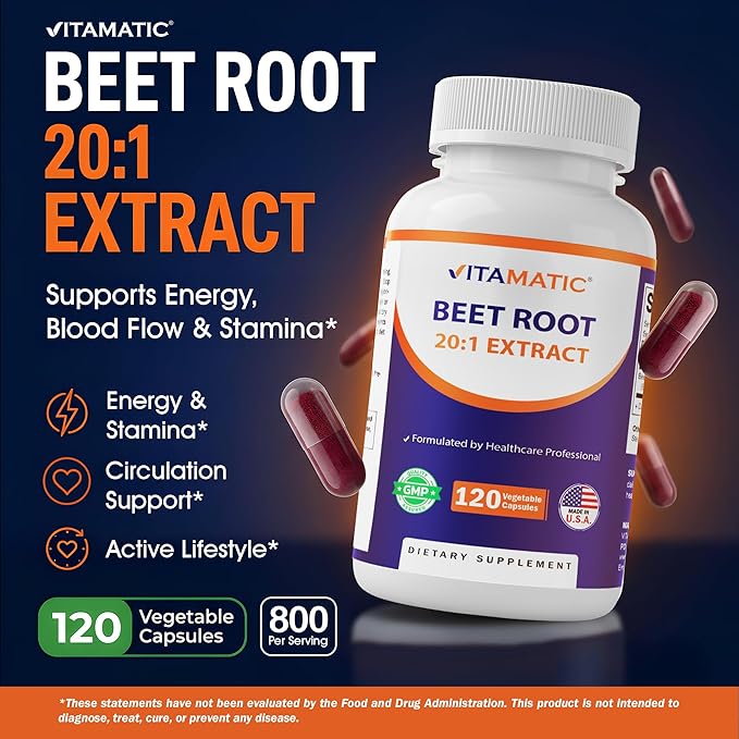 Vitamatic Beet Root 20:1 Extract Capsules 800 mg Per Serving (Beta vulgaris) – Nitric Oxide Support Supplement – Non-GMO, Gluten Free – 120 Veggie Capsules – Made in USA
