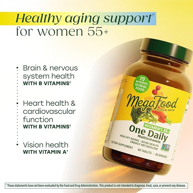 MegaFood Multivitamin for Women 55+ One Daily Womens Multivitamin with Vitamin D3, C, Zinc & Bioavailable Vitamin B12 & Folate - Healthy Aging, Brain & Bone Health, Vegetarian, 120 Tablets