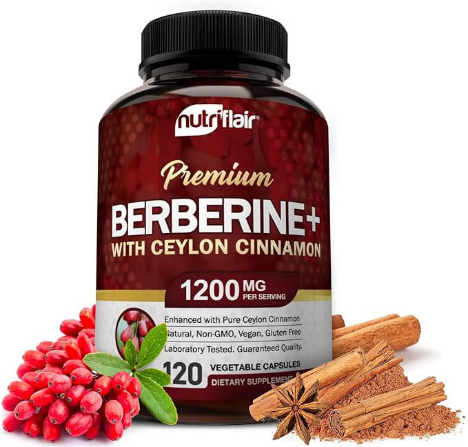 NutriFlair Premium Berberine HCL 1200mg, 120 Capsules - Plus Pure True Ceylon Cinnamon, Berberine HCI Root Supplements Pills - Immune System - Made in USA