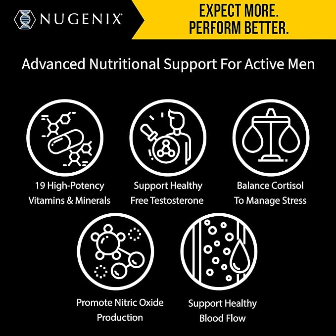 Nugenix Multivitamin for Men, Multivitamin and Testosterone Support - 19 Vitamins and Minerals, Supports Free Testosterone, Balance Cortisol, Promotes Nitric Oxide Production, Blood Flow - 60 Tablets