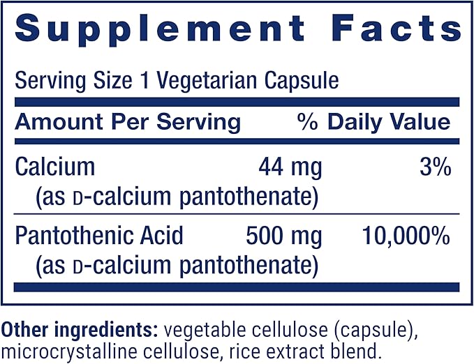 Life Extension Pantothenic Acid, 500 mg, Vitamin B5, Calcium, Support Healthy Metabolism, Mitochondrial Energy Production, Gluten-Free, Non-GMO, Vegetarian, 100 Capsules