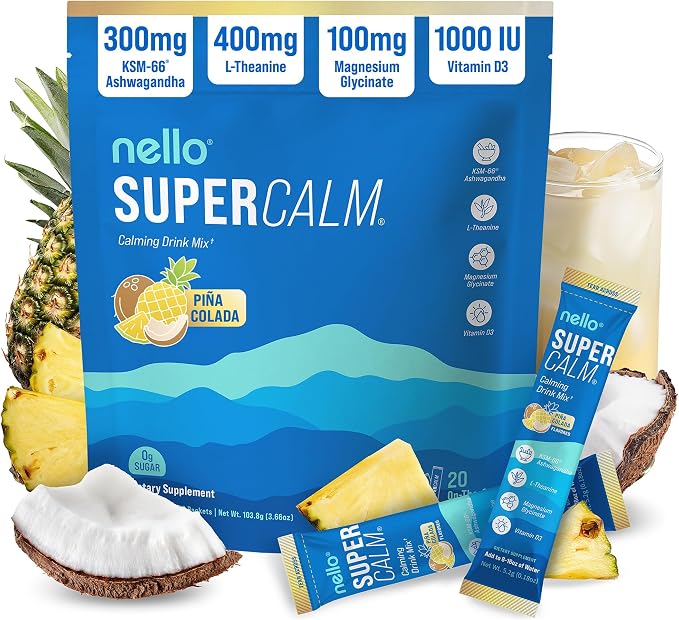 Nello Supercalm Powdered Drink Mix, Cortisol Reducer* and Sleep Aid Supplement, L Theanine, Ksm-66 Ashwagandha, Magnesium Glycinate, Vitamin D 3, No Sugar, Non GMO, On The Go, 20 Ct, Pina Colada