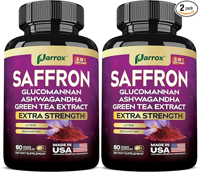 Saffron Supplement with Glucomannan, Ashwagandha, Green Tea Extract, Zeaxanthin & Lutein, Vision Support & Daily Wellness Formula, Extra Strength Plant-Based Capsules, 4 Month Supply (2 Pack)