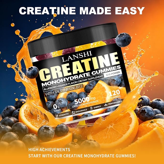 Creatine Monohydrate Gummies 5000mg - Sugar Free Pre Workout Supplement for Men & Women, Creatine Gummies for Muscle, Strength, Recovery, Cognitive Health & Memory, Blueberry Orange Flavor, 120 Count