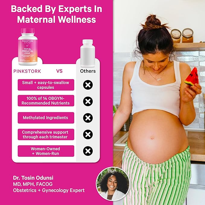 Pink Stork Total Prenatal Vitamins for Women | DHA, Folate, Iron, Choline, & Vitamin B12 | Preconception Nutrition | Prenatals for Women, Pregnancy Essentials | Doctor Formulated, 60 Count, Mint