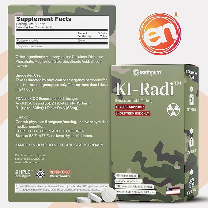 EarthNutri KI-Radi™ Potassium Iodide KI Tablets 65 mg – High Potency Iodine for Thyroid Support, Emergency Preparedness – Potassium Supplement in Foil-Foil Blister – 60 Tablets (3 Pack of 20)