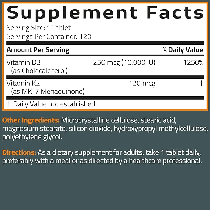 Bronson Vitamin K2 (MK7) with D3 Supplement Extra Strength 2 in 1 Support, 10,000 IU Vitamin D3 & 120 mcg K2 MK-7, 120 Tablets