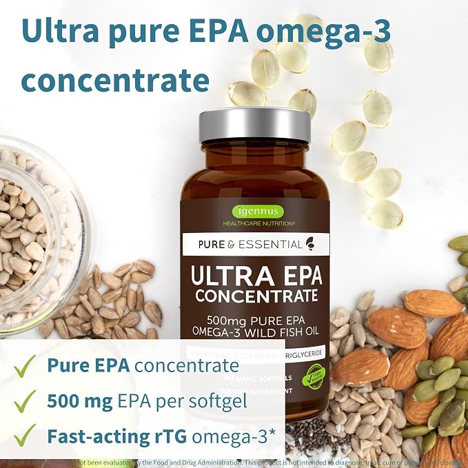 Igennus Ultra Pure Omega-3 EPA 500mg, Highly Concentrated IFOS Certified Wild Fish Oil, Advanced rTG Triglyceride Form, Non-GMO, 90 Small Softgels