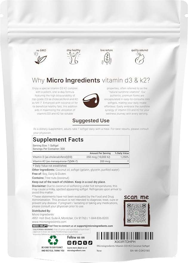 Micro Ingredients Vitamin D3 10,000 IU + K2 MK-7 200 mcg, 300 Softgels with Virgin Coconut Oil | 2-in-1 Vitamins D & K Complex | Extra Strength, Easy to Swallow, Non-GMO, Gluten Free