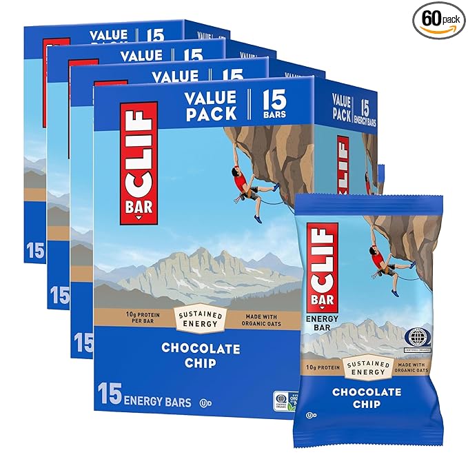 CLIF BAR - Energy Protein Bars - Chocolate Chip - Made with Organic Oats - Energy Bars - Non-GMO - 15 Count, (Pack of 4)