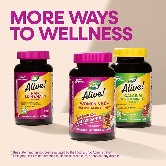 Nature's Way Alive! Women’s 50 Plus Multivitamin Gummy, Daily Chewable Multivitamins with B-Vitamins, Vitamin D3, Calcium, Supports Heart, Brain & Bone Health,* Mixed Berry Flavored, 60 Count