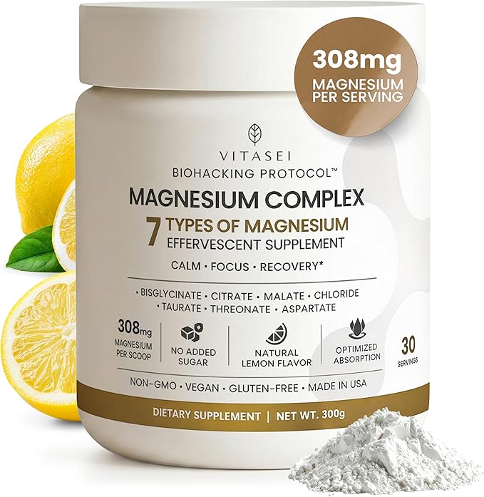VITASEI Magnesium Total Care – 7 Types Magnesium Powder with Aspartate, Chloride, Citrate, Bisglycinate, Malate, Threonate, Taurate for Calm, Focus & Recovery – 10.58 oz (30 Servings)