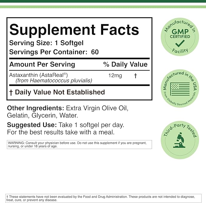 Astaxanthin - Triple Strength 12mg (Only Patented Astaxanthin (Astrareal) with 70+ Human Clinical Trials) Grown, Harvested, and Made in The USA (Astaxantina) by Double Wood