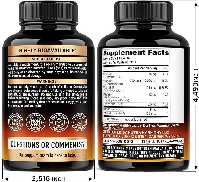 Vitamin D3 K2 - Vitamin D3 10000 iu & K2 as MK-7 120 mcg - Immune & Mood Support, for Bone & Teeth Health - with Magnesium, Zinc & Vitamin C & B12 - Highly Bioavailable - Made in USA, 120 Capsules