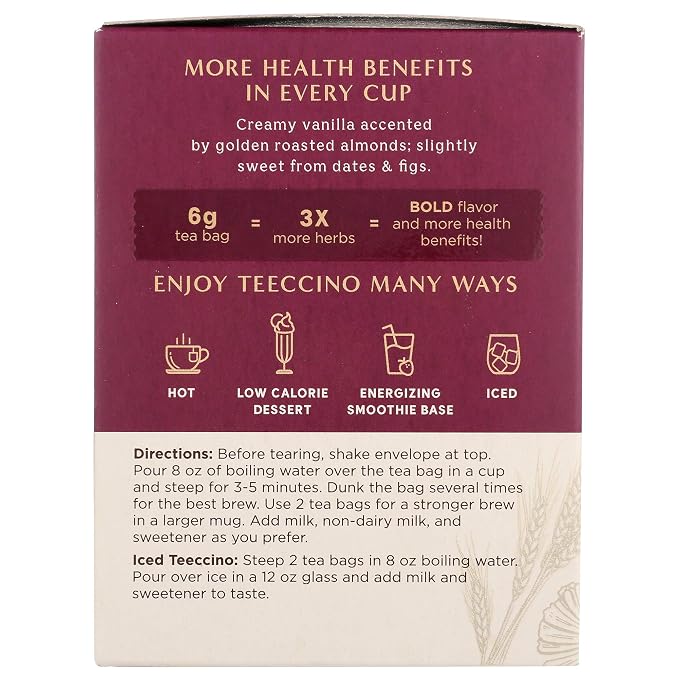 Teeccino Vanilla Nut Herbal Tea - Rich & Roasted Herbal Tea That’s Caffeine Free & Prebiotic for Natural Energy, 10 Tea Bags
