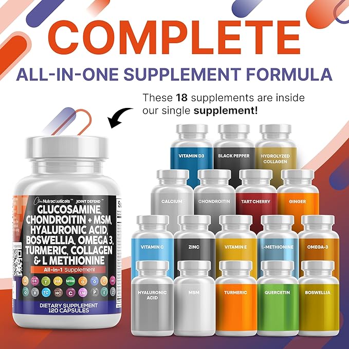 Clean Nutraceuticals Glucosamine Chondroitin MSM 1500mg with Turmeric Curcumin, Collagen, Hyaluronic Acid, Omega 3 – Joint Health Supplement for Men & Women (120 Count (Pack of 2))
