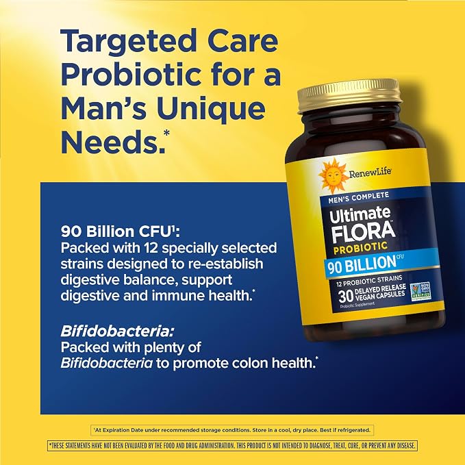 Renew Life Men's Care Probiotic Capsules, Supports Mens Digestive, Colon, Immune and Respiratory Health, L. Rhamnosus GG, Dairy, Soy and gluten-free, 90 Billion CFU, 30 Count