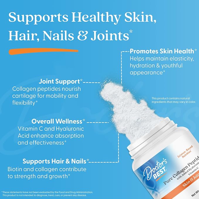 Doctor's BEST Pure Collagen Peptides w/Hyaluronic Acid - Collagen Powder Supplement for Women & Men, Unflavored, 18 g Protein & 90 mg Vitamin C per Serving, Supports Healthy Skin & Hair - 14.8 oz