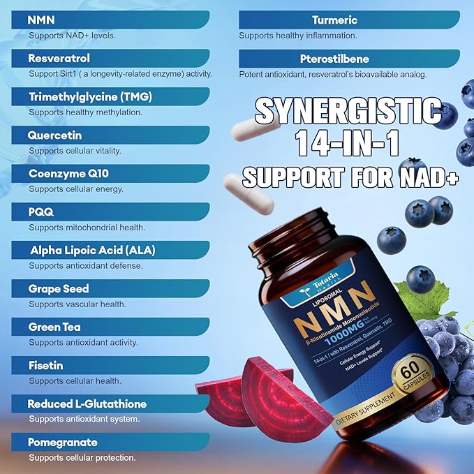 Totaria 2 Packs Liposomal NMN Supplement 1000mg, 14-in-1 NMN Resveratrol Complex with CoQ10, TMG, Quercetin, ALA, PQQ, Support NAD Levels, Cellular Energy & Healthy Aging, cGMP, Filler Free