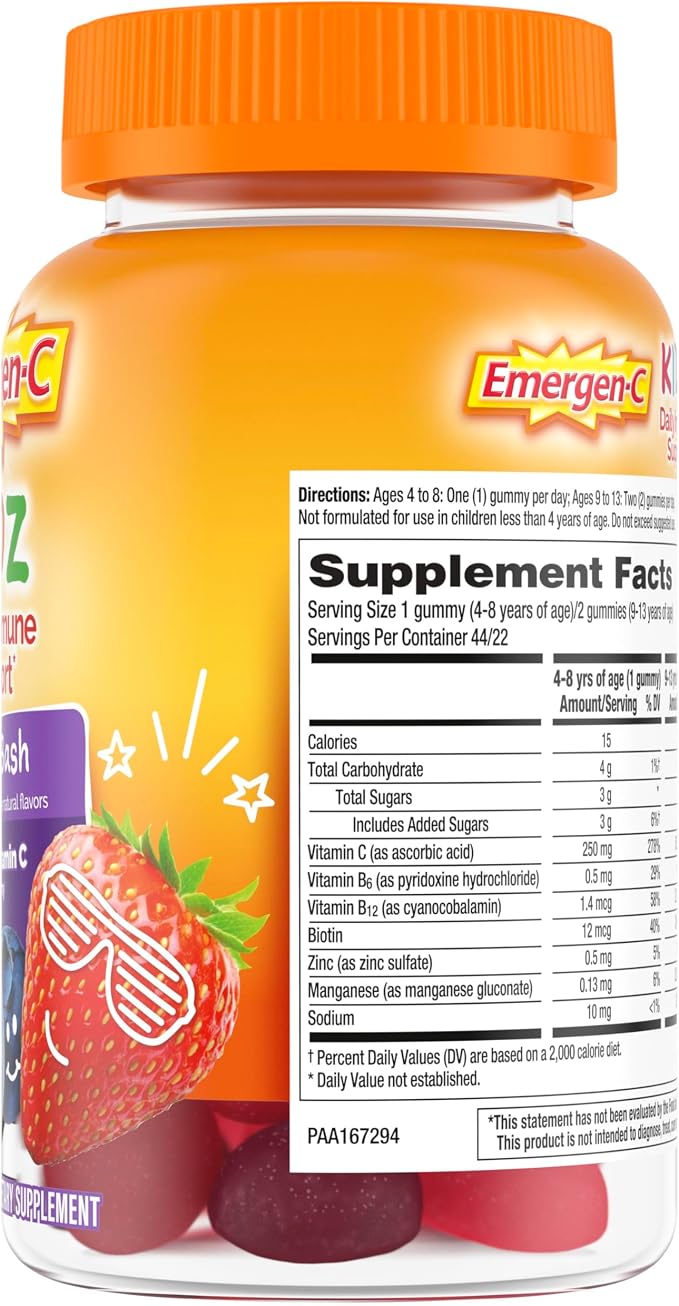 Emergen-C Kidz Daily Immune Support Dietary Supplements, Flavored Gummies with Vitamin C and B Vitamins for Immune Support, Berry Bash Flavored Gummies - 44 Count